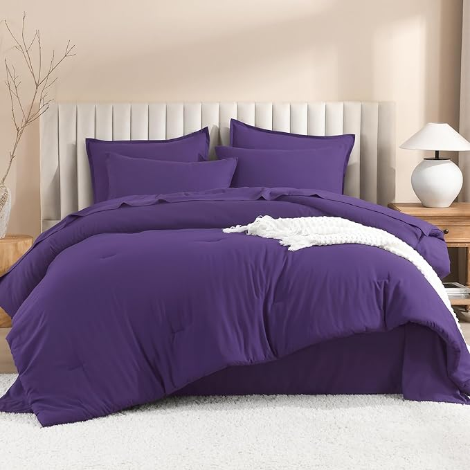Litanika Comforter King Size Set Purple - 7 Pieces Bed in a Bag King Bedding Comforter Sets, Plain Lightweight Bed Set with Comforter, Sheets, Pillowcases & Shams