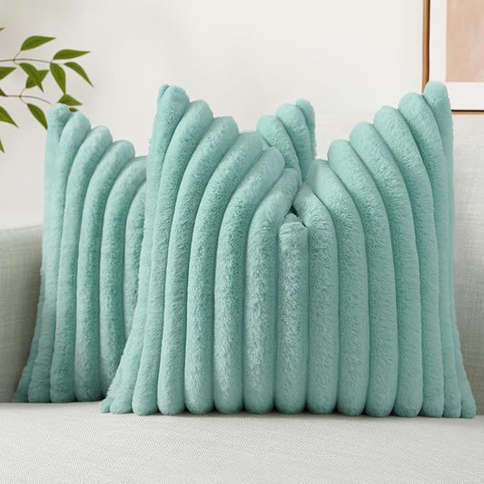 decorUhome Cozy Faux Fur Spring Throw Pillow Covers 18x18 Set of 2 Decorative Soft Plush Striped Modern Farmhouse Boho Couch Pillow Cases with Velvet Back for Sofa Bed Living Room, Aqua