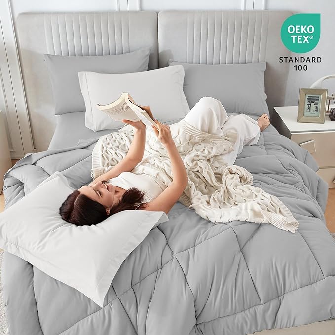 Sasttie King Size Comforter Set, 7 Pieces Bed in a Bag King, Complete Bedding Set Includes Comforter, Flat Sheet, Fitted Sheet, Pillowcases and Pillow Shams, Ivory & Light Grey