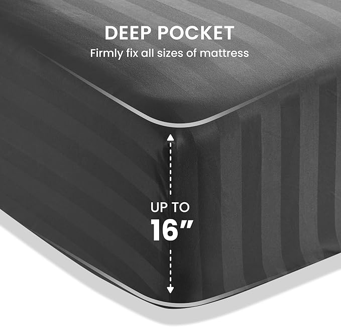 SLEEP ZONE Striped Cooling Sheets Set King Size - Fitted Flat Sheet & Pillowcase Sets 4 Piece - Super Soft Stripe Bed Sheet, Easy Care, Deep Pocket (Gray, King)