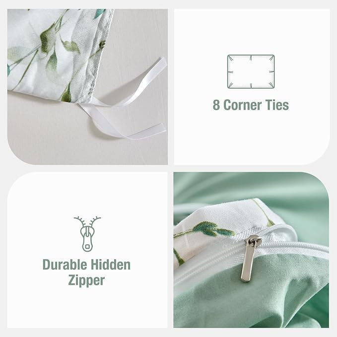 Lekesky Duvet Cover Queen Size, Reversible Botanical Floral Duvet Cover Set with Zipper Closure, 3 Pieces Soft Microfiber Green Bedding Set (1Duvet Cover 90"x90", 2 Pillowcases 20"x26")