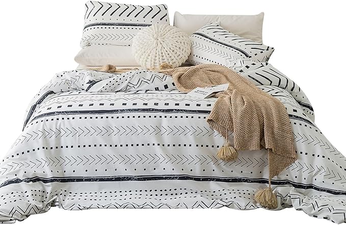 YuHeGuoJi Black Aztec Duvet Cover Queen 100% Cotton 3 Pcs Set 1 Tribal Boho Geometric Duvet Cover with Zipper Ties 2 Pillowcases White Bohemian Striped Arrow Pattern Bedding Set Soft
