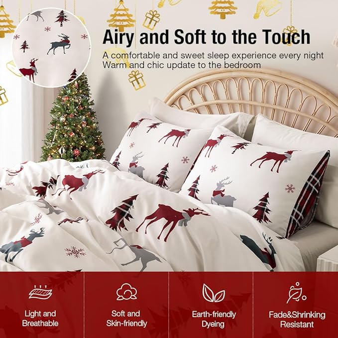 Lekesky Christmas Duvet Cover King Size,3 Pieces Reversible Red Plaid Reindeer Snowflake Holiday Bedding Set with Zipper Closure and Corner Ties(1 Duvet Cover 104x90 inches + 2 Pillowcases)
