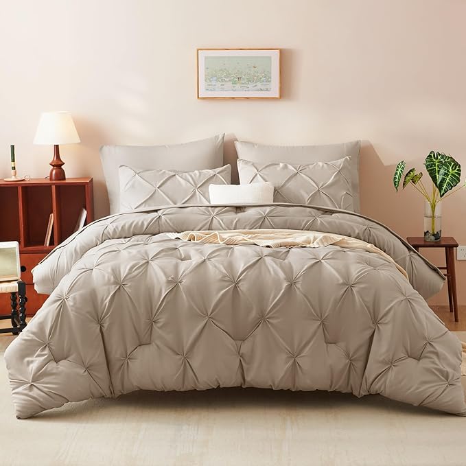 CozyLux Queen Comforter Set Wheat, 7 Pieces Pintuck Bed in A Bag, Premium Wheat Comforter Queen Size, Pinch Pleat Bedding Sets with Comforter, Sheets, Pillowcases & Shams