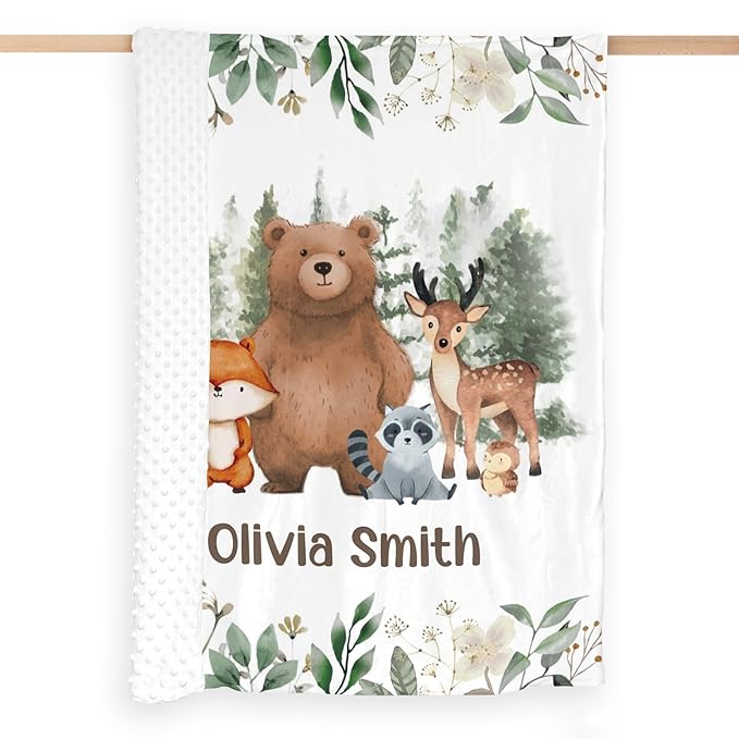 Personalized Baby Blanket, Woodland Baby Blankets for Girls, Super Soft Nursery Blankets with Cotton Front and Dotted Fleece Backing, Printed Bed Throws Newborn