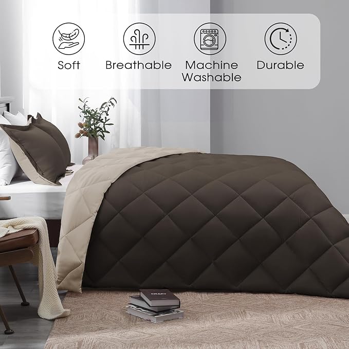 Basic Beyond King Size Comforter Set - Brown Comforter Set King, Reversible King Bed Comforter Set for All Seasons, Brown/Ivory, 1 Comforter (104"x92") and 2 Pillow Shams (20"x36"+2")