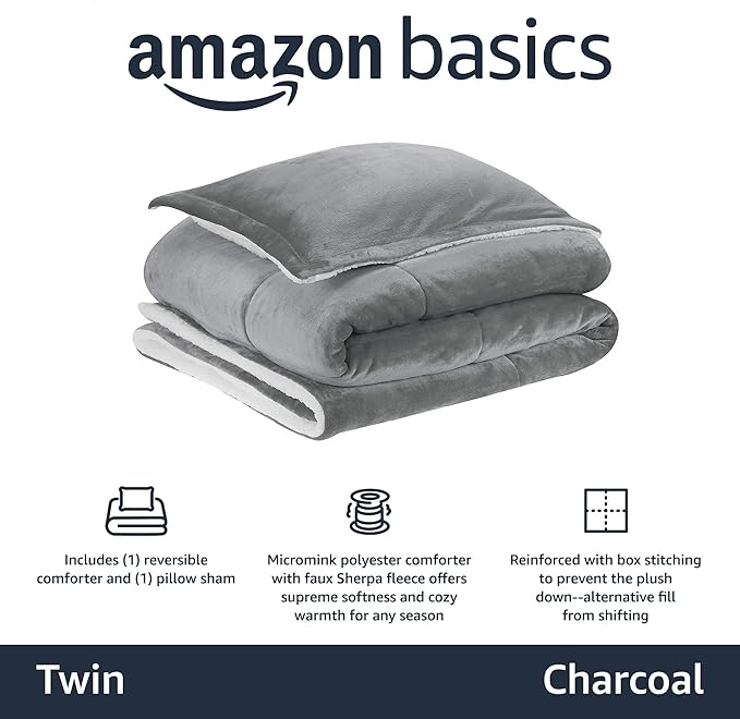 Amazon Basics 2 Piece Bedding Set, Micromink Sherpa, Ultra-Soft, Warm All Season Comforter, Twin, Charcoal, Solid