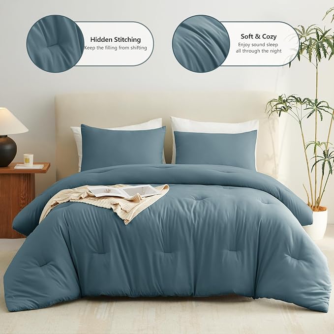 CozyLux Full Size Comforter Set Mineral Blue, 3 Pieces Solid Breathable Quilted Bedding Sets, Luxury Fluffy Soft Bed Set with Down Alternative Comforter for All Season (1 Comforter & 2 Pillowcases)