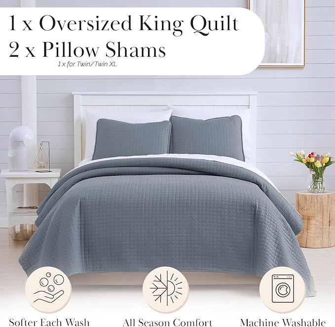 Southshore Fine Living, Inc. Oversized King Quilt Set, Blue Bedspread King/California Size with 2 Matching Pillow Shams, Soft Microfiber Coverlet, King Size Quilt, Easy Care, Machine Wash, Slate Blue