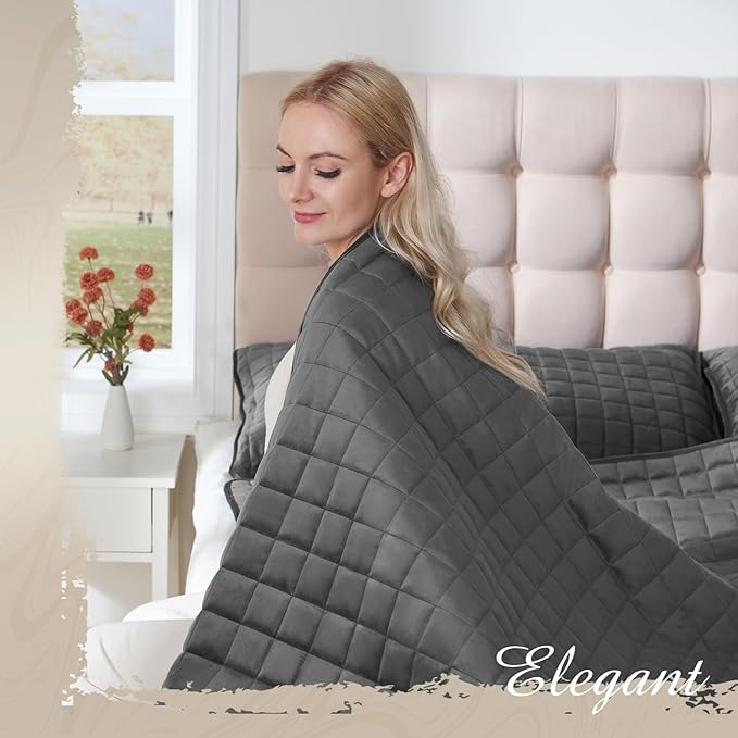 Luxury Velvet Quilt Set Queen Size, Comforter Set with Pillow Shams, Soft Lightweight Bedspread Coverlet Bedding Sets for All Seasons, Dark Grey