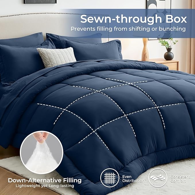 Sasttie Oversized King Comforter Set, 7 Pieces Extra Large Bed in a Bag, Complete Bedding Set Includes 120''x98'' Comforter, Flat Sheet, Fitted Sheet, Pillowcases and Pillow Shams, Navy