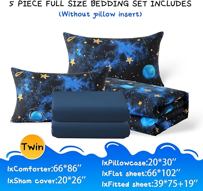Glow in The Dark Kids Comforter Set, 5 Pieces Blue Space Bedding Set Twin Size for Boys Girls Teen, 1 Comforter, 1 Pillowcase, 1 Pillow Sham, 1 Flat Sheet, 1 Fitted Sheet