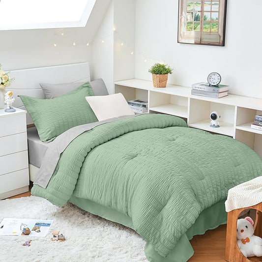 HYMOKEGE Sage Green/Light Grey Twin XL Comforter Set Seersucker 5 Pieces, All Season Luxury Bed in a Bag for Bedroom, Bedding Set with Comforter, Sheets, Pillowcase & Sham