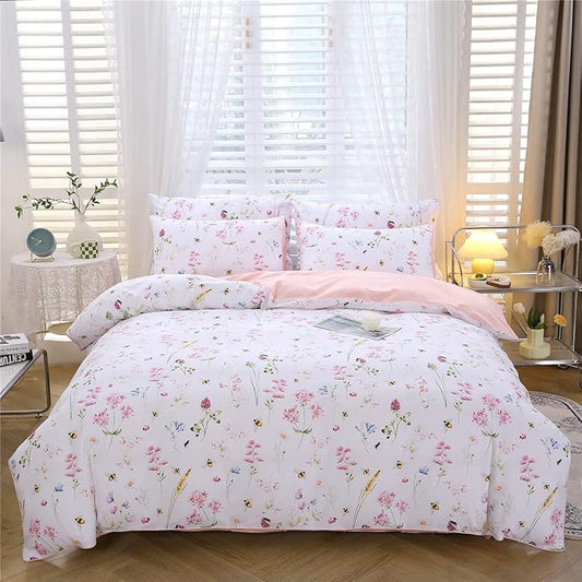 URBONUR Pink Floral Duvet Cover Set Full Size 3 Piece Romantic Garden Flowers Cute Bees Print Bedding Set for Girls Women, Full Comforter Cover with Button Closure