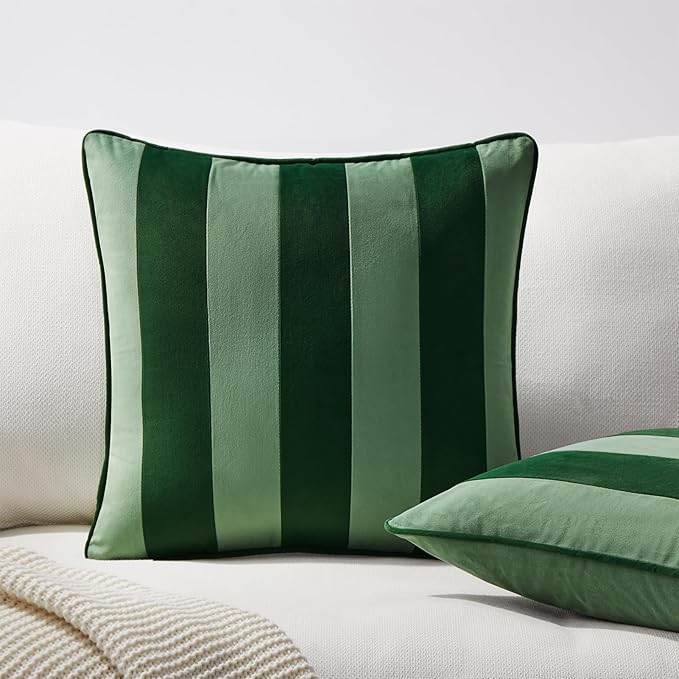 MONDAY MOOSE Decorative Throw Pillow Covers Cushion Cases, Set of 2 Soft Velvet Striped Piping Edge Designs, Pillow Inserts Not Included (22x22 inch, Green/Light Green)