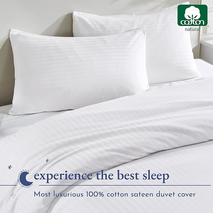 California Design Den Striped White Duvet Cover King Size Only - Premium 400 Thread Count, 100% Cotton Sateen, Button Closure & Corner Ties - White