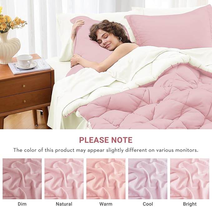 MUXHOMO 5 Pieces Twin XL Comforter Set, Reversible Bed in a Bag Twin XL Size, All Season Bedding Set with Comforter, Flat Sheet, Fitted Sheet, Pillowcases & Shams, Light Pink & Ivory