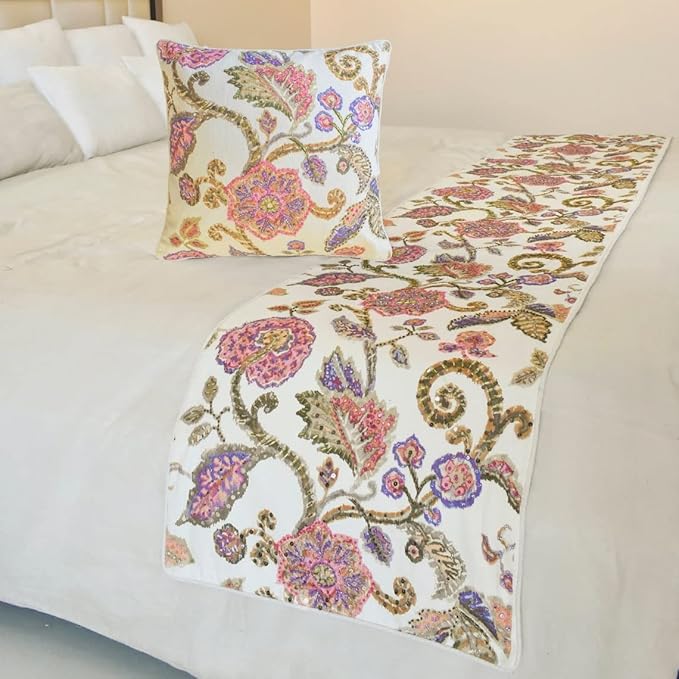 The HomeCentric King/Queen/Twin White & Pink Designer CA King 86"x18" Bed Runner with Pillow Cover, Floral, Printed, Sequins, Beaded, Embroidery & Handmade Bed Scarf on Cotton Fabric - Aster