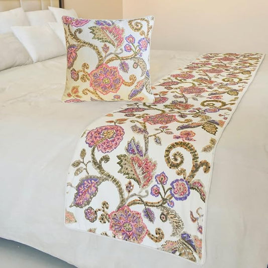 The HomeCentric King/Queen/Twin White & Pink Designer CA King 86"x18" Bed Runner with Pillow Cover, Floral, Printed, Sequins, Beaded, Embroidery & Handmade Bed Scarf on Cotton Fabric - Aster