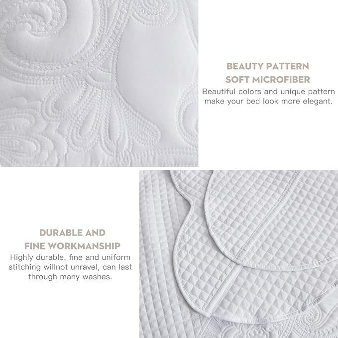 Oversized King Bedspread, Paisley Pattern Design, Lightweight Bedding Cover, Reversible, 5 Piece, 100% Microfiber, Pure White