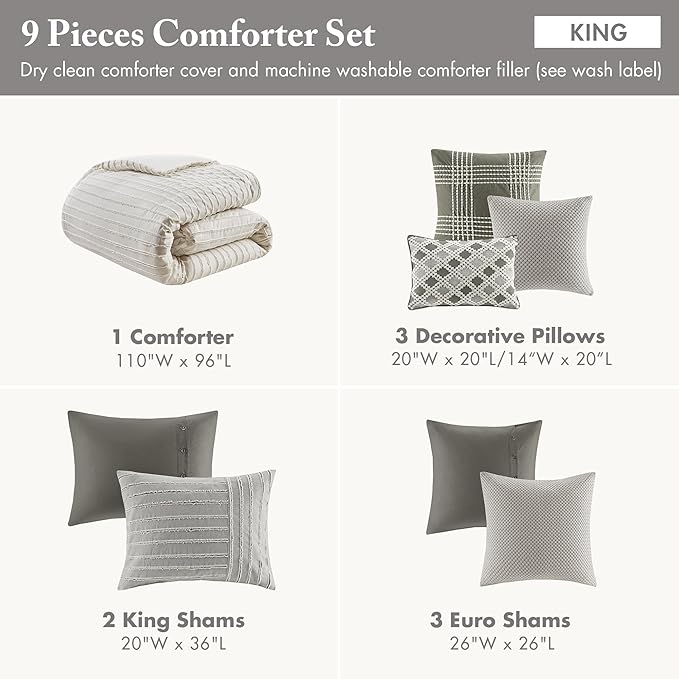 Madison Park King Comforter Set, Removable 100% Cotton Duvet Cover King Size with Insert, Farmhouse Bedding, Textured Stripe Clipped Jacquard Accent, King, Grey 9 Piece