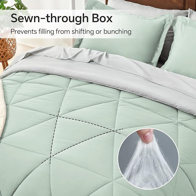 BEDELITE Full Comforter Set 7 Pieces Bed in A Bag - Soft Microfiber Reversible Sage Green Bed Set with Comforters, Sheets, Pillowcases & Shams, Cozy Luxury Bedding Sets for All Season