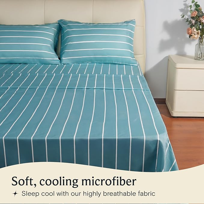 LuxClub 4 PC Cal King Size Sheet Set, Breathable Luxury Bed Sheets, Deep Pockets 18" Wrinkle Free Cooling Machine Washable Hotel Bedding (Striped Light Blue)