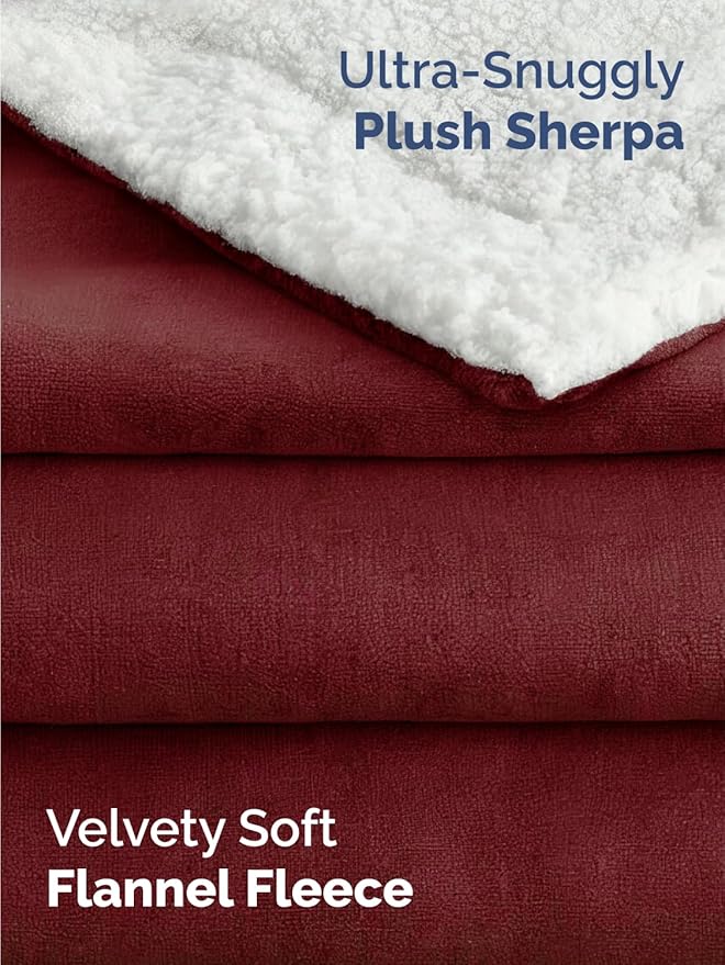 Sherpa Fleece Blanket Queen Size - Reversible Sherpa Fleece Queen Blanket - Super Soft Double Sided for Bed, Sofa, Couch - Thick, Warm, and Plush - Luxurious Bedding for Winter - Burgundy, 90" x 90"