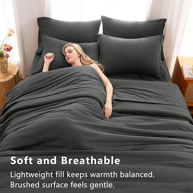 CozyLux Oversized Queen Comforter Set Dark Grey, 7 Pieces Bed in a Bag Comforter Set with Sheets, Soft Bedding Sets with Down Alternative Comforter, Fitted Sheet, Flat Sheet, Pillowcases and Shams