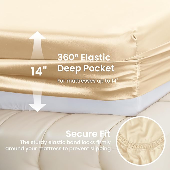 Love's cabin Satin Queen Sheets Set - 4 Piece Beige Silky Bed Sheets Set with Deep Pocket, Luxury Silk Feel Satin Queen Size Sheet Set (1 Flat Sheet,1 Fitted Sheet,2 Pillow Cases)