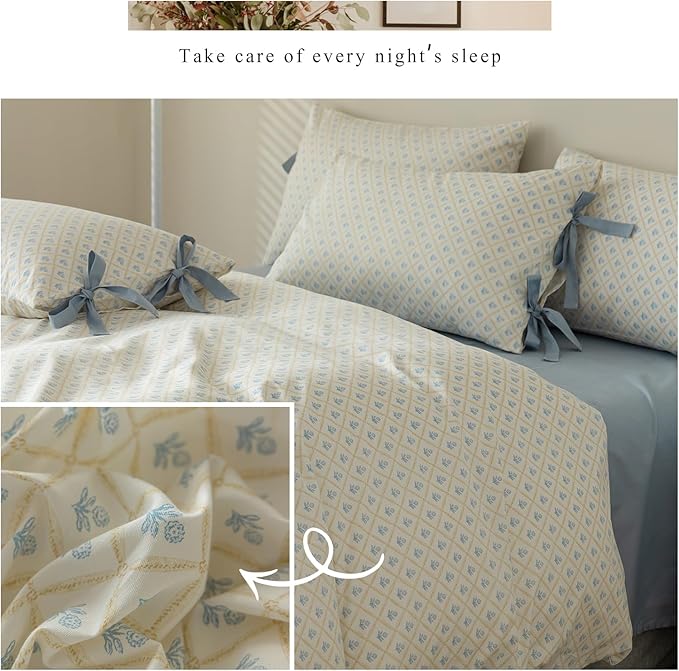 Blue Floral Bedding Duvet Cover Full Girl Cozy Cotton Comforter Cover White Flowers Coquette Bedding Set 3 Piece for Teen College Dorm Romantic Fresh Duvet Cover Set Full with 2 Bow Tie Pillowcases
