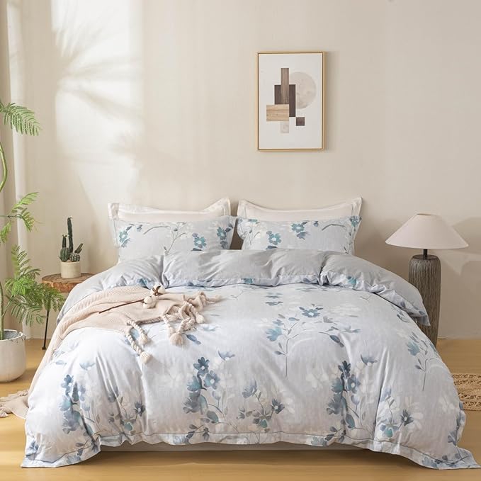 OAITE Duvet Cover Set Twin Size Floral Pattern Ultra Soft 100% Cotton Duvet Cover Sets 3-PC, Breathable Duvet Cover with Zipper Closure & Corner Ties(2 Pillow Shams,1 Duvet Cover)