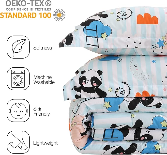 JSD Panda Kids Comforter Set Twin Size, 2 Piece Blue Moon Microfiber Comforter with Pillow Sham, Machine Washable
