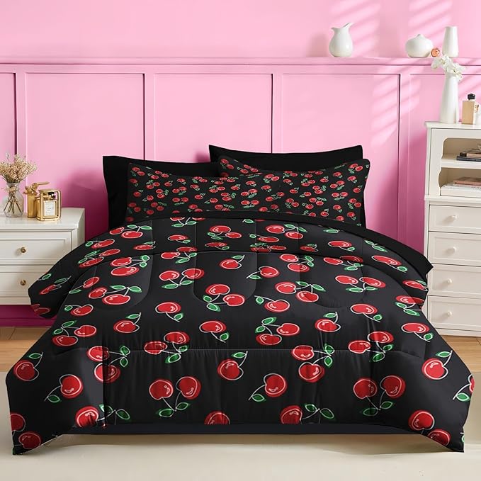 Nesker 5 Pcs Comforter Set Twin Size, Retro Red Black Bedding for Kids Teen, Cherry Fruit Bed Sheet with Pillowcase & Sham