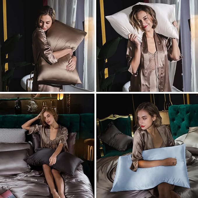 Silk Pillowcase 2 Pack, Natural Mulberry Silk Pillow Cases, Anti Acne Silk Pillowcase for Hair and Skin, King Size Silk Satin Pillowcase Set of 2 with Zipper, Gifts for Sleeping Women, Silver Grey