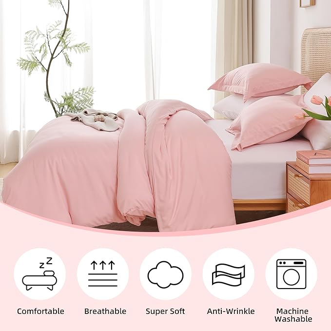 Whitney Home Textile Rose Pink Duvet Cover Set Queen Size - 3 Piece Luxury Soft Cooling Duvet Cover with Zipper Closure and Pillow Sham, Breathable Washed Brushed Microfiber, Comforter Not Included