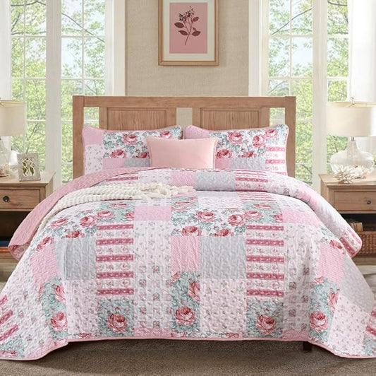 Patchwork Quilt Set King Size, Pink Floral Plaid Bedspread Coverlet Set Boho Rustic Quilt Bed Cover, 3 Piece Soft Microfiber Reversible Pink Grey Bedding Set for Women Girls