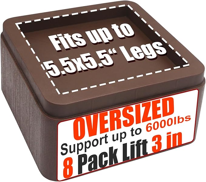 Bed Risers, Elevation up 3 inch, Heavy Duty Couch Risers 6000lbs, Stackable 3/6 / 9 inch Bed Furniture Risers Fits 5.5X5.5 inch Legs for College, Dorm, Couches, Tables, Desks, Set of 8