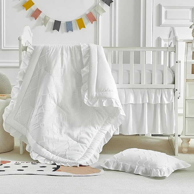 AIKASY The Ruffled Shabby Crib Bedding Set for Girls, Baby Quilted Comforter with Fitted Sheet, Bed Skirt, and Pillowcase（White）
