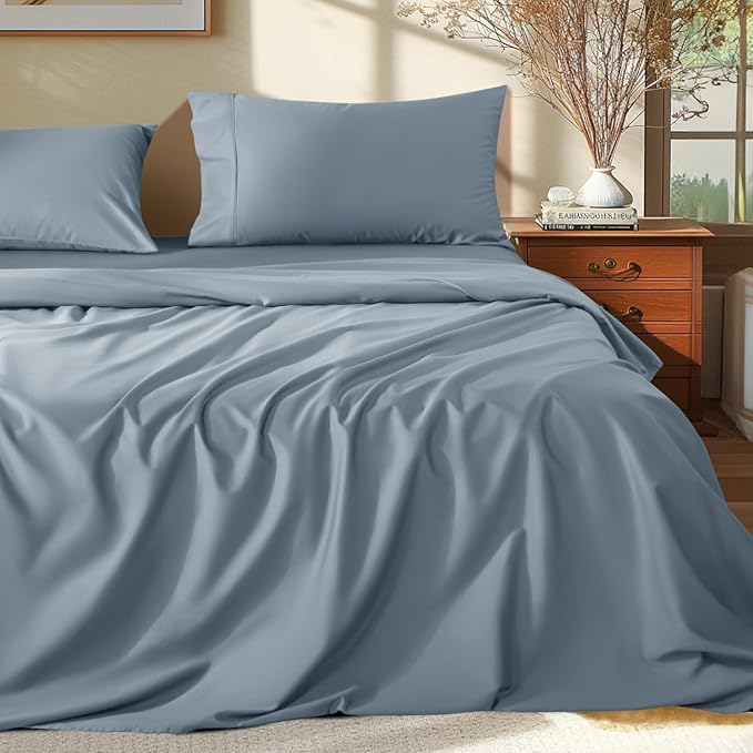 Shilucheng 100% Egyptian Cotton Sheets Set - 1000 Thread Count，Luxury Cotton Bed Sheets，Breathable & Cooling Bedding and Pillow Cases, 16 Inch Deep Pocket - 4 Piece (California King, French Blue)
