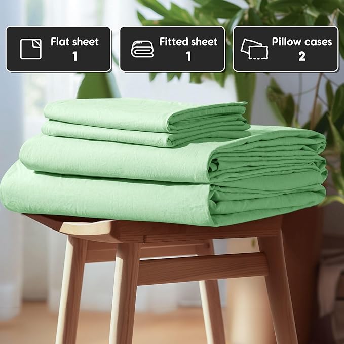 SONORO KATE 100% French Pure Linen Sheets, Breathable and Durable Linen Queen Size Sheets, Anti-Tear Linen Bed Sheets, Machine Washable, 16 Inch Deep Pocket - 4 Piece (Green, Queen)