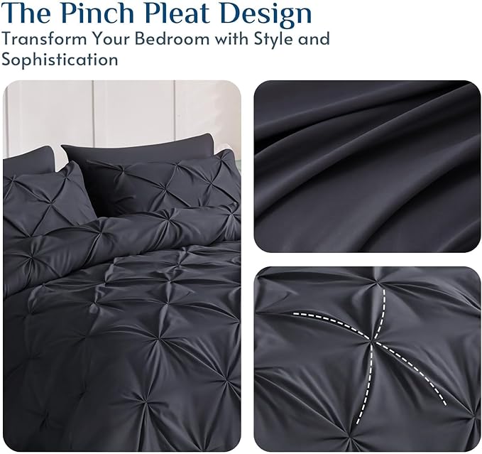 JOLLYVOGUE Queen Comforter Set 7 Pieces - Bed in a Bag Queen for All Season, Pintuck Bedding Comforter Sets with Comforter, Flat Sheet, Fitted Sheet and Pillowcases & Shams, Dark Grey
