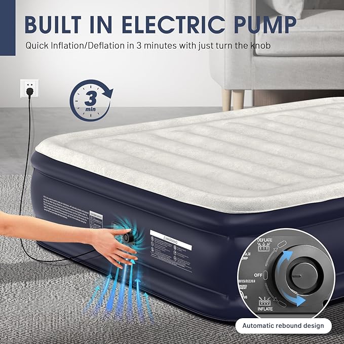 Air Mattress Queen With Built In Pump,18''Raised Blow Up Mattress 2 Mins Self-Inflation/Deflation,Upgraded Thicker Inflatable Mattress，Air Bed with Storage Bag for Guests,Home，Camping，660 lbs Max