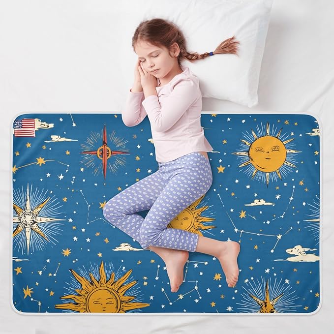 Waterproof Bed Pad Reusable Changing Pad Toddler Mattress Protector Large Pee Pad Baby Diaper Pad Soft Washable Liner Moon Sun Blue
