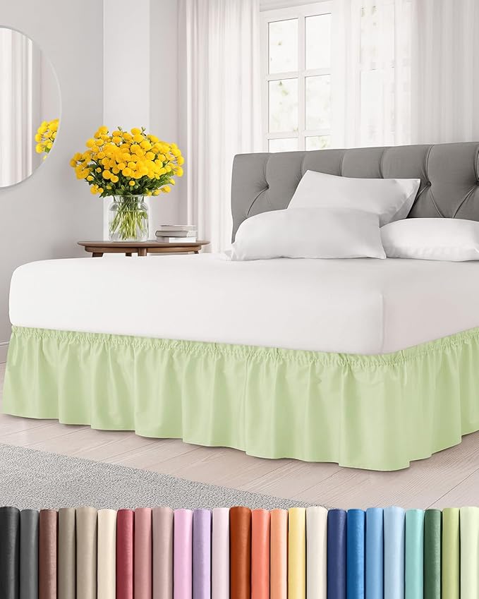 Wrap Around Dust Ruffle Bed Skirt - Light Sage - for Full Size Beds w/ 12 Inch Drop - Easy Fit Elastic Strap - Adjustable Pleated Bedskirt w/Brushed Fabric - Wrinkle Free, Women, Men, Kids & Teens