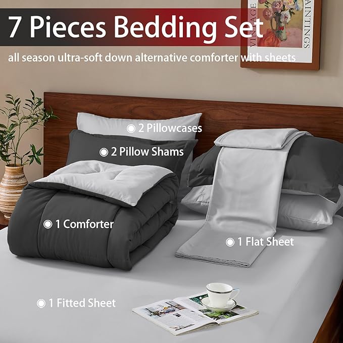 FUANNA Full Size Comforter Sets 7 Pieces, Reversible Bed in a Bag with All Season Soft Comforter, Bedding Sets Includes Comforter, Flat Sheet, Fitted Sheet, Pillowcases & Shams, Dark Grey & Light Grey