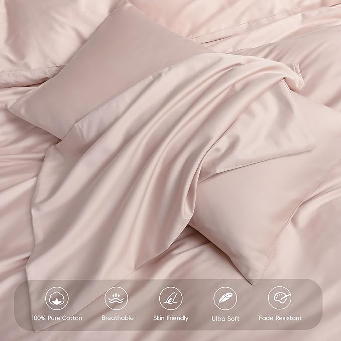 MooMee Duvet Cover Set 100% Extra Long Staple Cotton 600 Thread Count Silky Sateen Smooth Luxury Soft Breathable Durable Hotel Quality Bedding, 3 Pieces (Light Pink, Queen 90"x90")