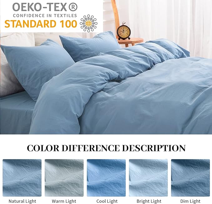 NEXHOME PRO Duvet Cover Set Queen Size Linen Look Textured Organic Natural 100% Washed Cotton Duvet Cover Blue 3 Pieces Bedding Set with Zipper Closure and Corner Ties, Breathable (No Comforter)