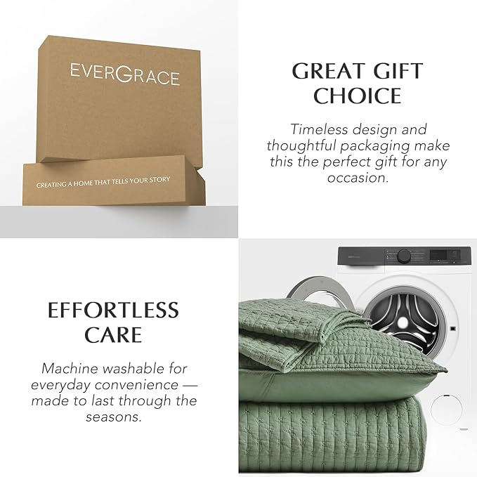 EVERGRACE Cross Stitch Pre-Washed Cotton Quilt Bedding Set King Size, Oversized 3 Pieces Lightweight Bedspread Coverlet for All Season, with 2 Matching Shams, Olive Green,108"x96"