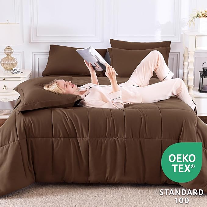 CozyLux Queen Comforter Set Brown - 7 Pieces Bed in a Bag Queen, All Season Breathable Bedding Sets, Oeko-Tex Certified Bed Set with Down Alternative Comforter, Sheets, Pillowcases & Pillow Shams